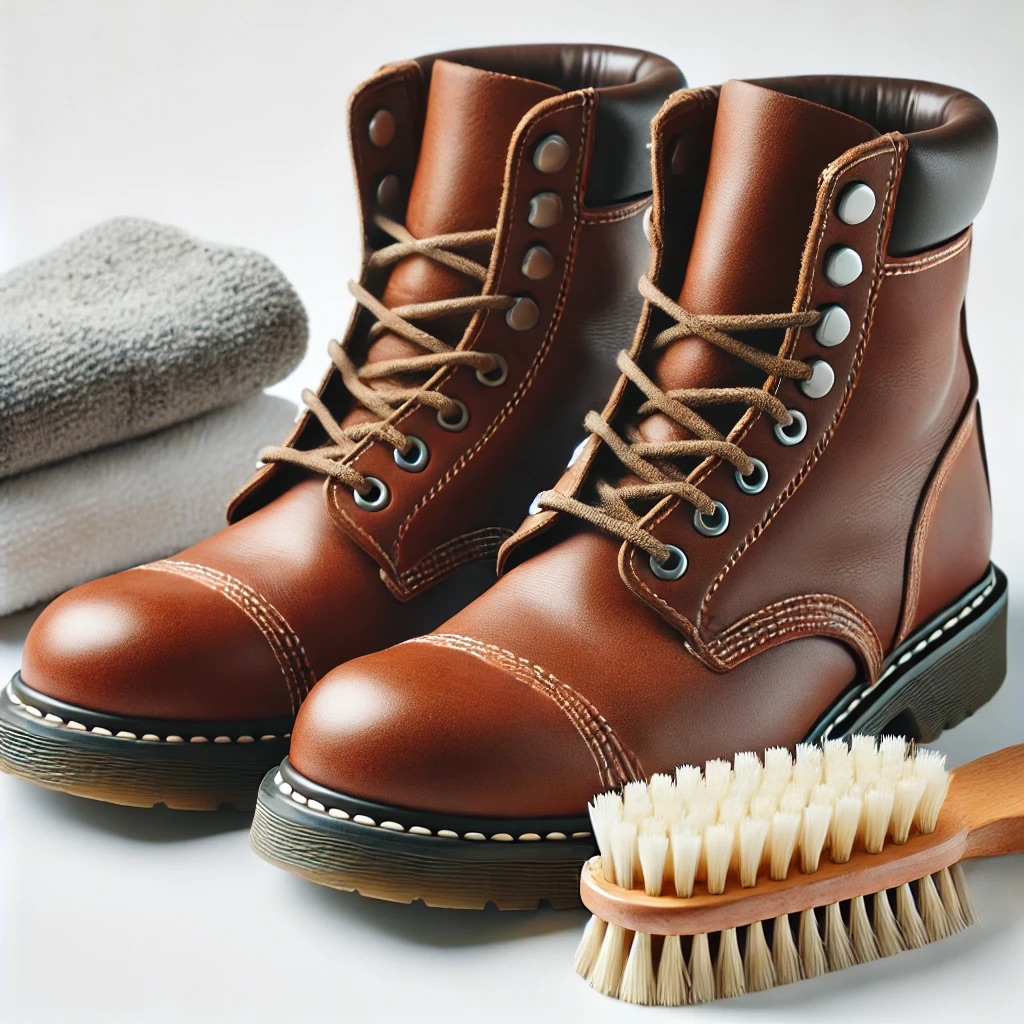 Picture of a leather boots, a brush and 2 towels.