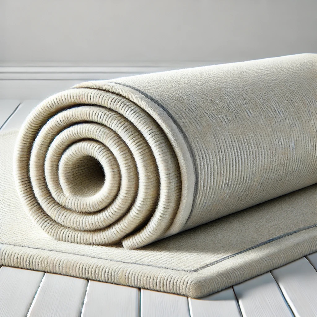A rolled up carpet, on top of another carpet.