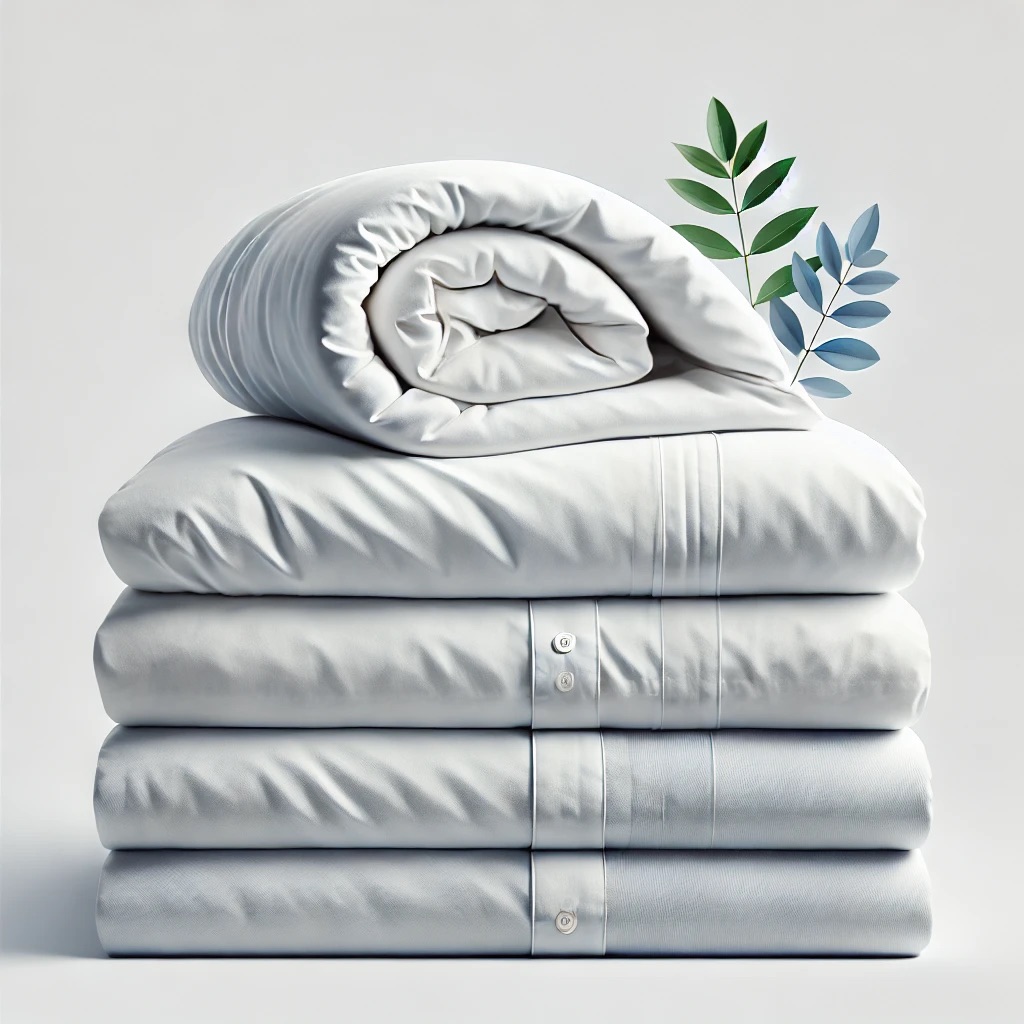 A curled up duvet on of of another tidied up 4