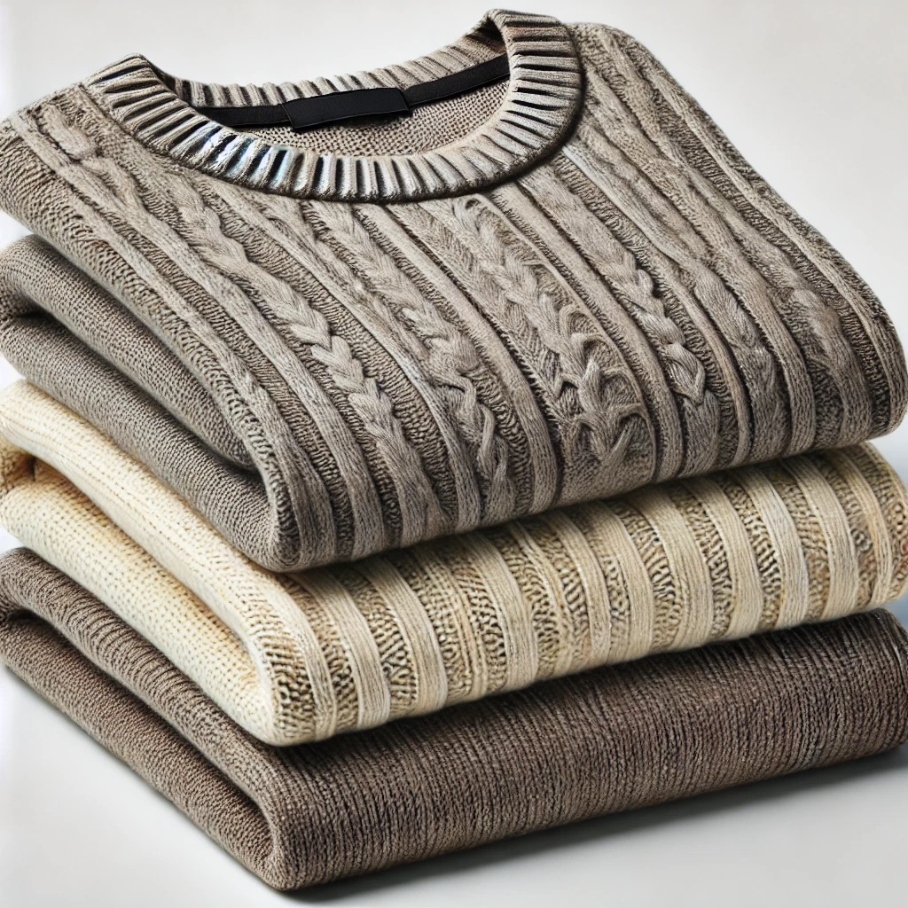 Picture of three sweaters stacked on top of each other.